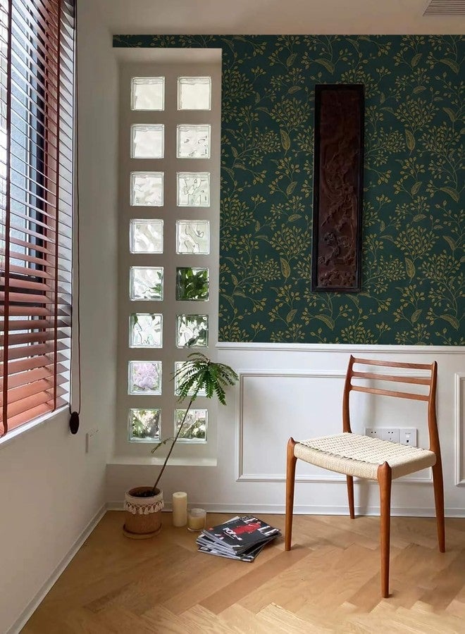 TEKCOOL ورق جدران TEKCOOL قابل للتقشير واللصق، مقاس 17.7 بوصة × 118 بوصة، ورق لاصق أخضر، ورق جدران مزين بنقوش زهور ذهبية، ورق لاصق عصري بوهيمي قابل للإزالة للخزائن والأدراج وغرف النوم، ورق فينيل ذاتي اللصق (قطعتان) - Image 3